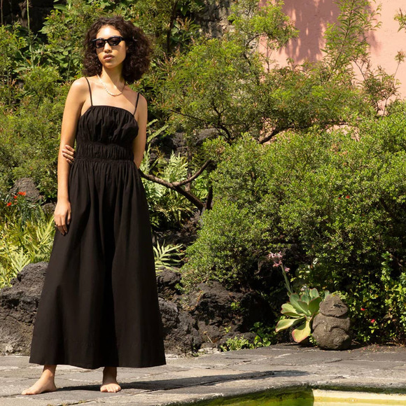 Stateside Ramona Black Poplin Cotton Tiered Smocked Maxi Dress Sundress S NWT - Picture 1 of 10